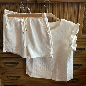 Adorable Cream Embossed Bow Top and Shorts Set